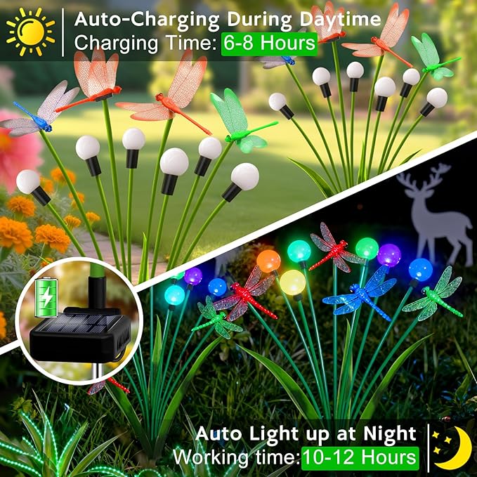 Solar Garden Lights Outdoor - 4 Pack Dragonfly Solar Swaying Light, Sway by Wind, Firefly Lights Outdoor Yard Patio Pathway Decoration, High Flexibility Iron Wire & Heavy Bulb Base(Multicolor)
