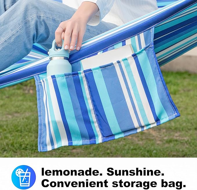 Double Quilted Fabric Tree Hammock with Spreader Bar, 12ft Hammocks 2 Person for Outside, Fits 11ft -13ft Hammock Stand, Large Pillow, Side Pocket & Carabiner, Max 475 lbs Capacity (Ocean Blue)