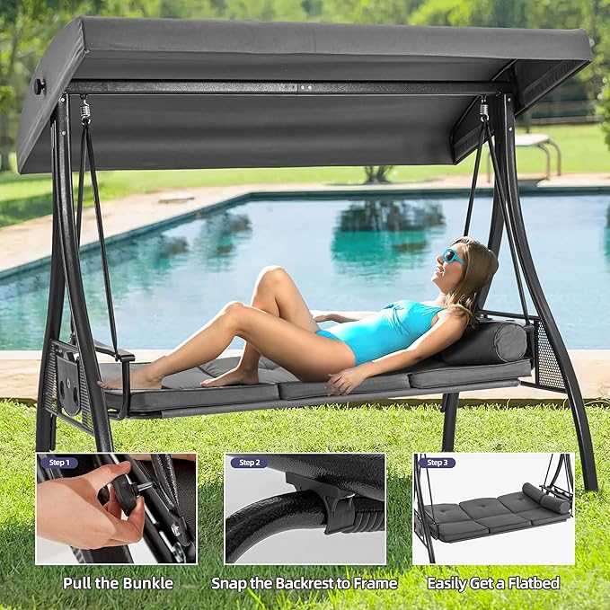 HOMREST 3 Seat Outdoor Porch Swing with 1.5" Deepened Cup Holder, Adjustable Canopy, Patio Swing Bed with Stand, Patio Glider Swing with Thicken Cushions, Pillow for Yard, Garden(Grey)