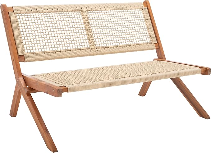 SAFAVIEH Outdoor Collection Kobina Natural Acacia Wood/Natural Rope Foldable Bench (Fully Assembled)