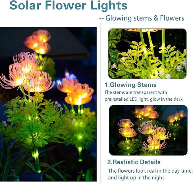 Solar Garden Lights, Solar Flowers Lights with Glowing Flowers & Stems, Upgraded Solar Panel, Outdoor Lights for Garden Decoration,Yard Decor and Gift for Mother (2 Pack)