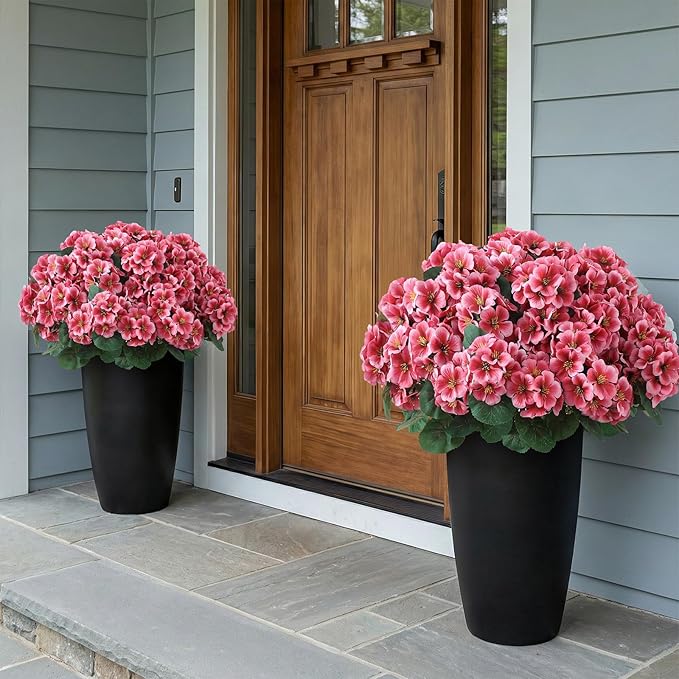 2 Pack Artificial Geranium Flowers Topitary Trees for Outdoors, UV Resistant Geraniums Potted Bushes Look Real Silk Faux Plants for Front Door Garden Porch Planter Farmhouse Home Decor (Peach Red)