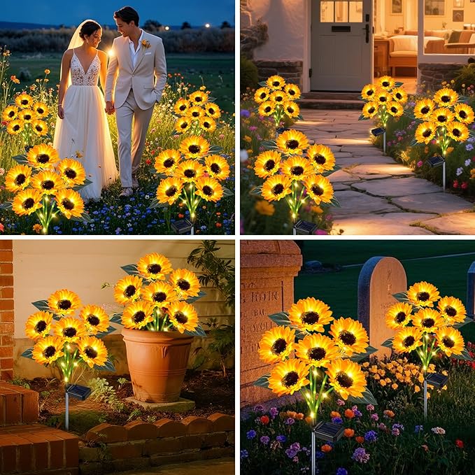 Solar Sunflower Lights Outdoor Flower Garden Stake Lights,4 Pack 24 Sunflower Waterproof Lights for Outside Party Gardening Gifts Mother's Day for Patio Yard Pathway Party Housewarming Gift
