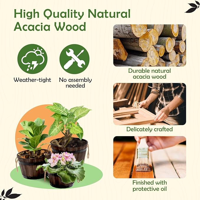Set of 3 Wooden Flower Boxes Outdoor, Durable Acacia Wood Barrel Planters for Outdoor Plants with Ergonomic Handles, Drainage Holes, Multiple Sizes Wood Bucket Planter for Home Décor