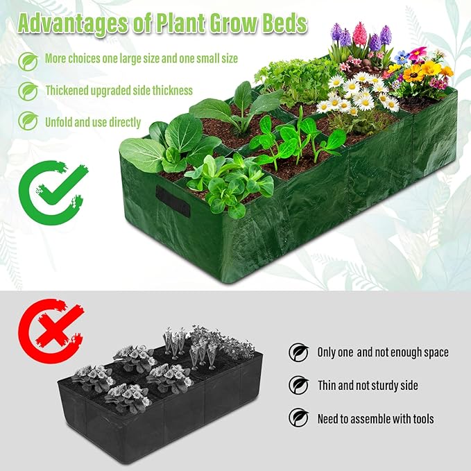 Fabric Raised Garden Bed, 2 Pack 8 Grids and 4 Grids, 128 Gallon Rectangle Grow Bags with Drainage Holes, Breathable PE Planting Containers for Outdoor Vegetables Fruits Flowers
