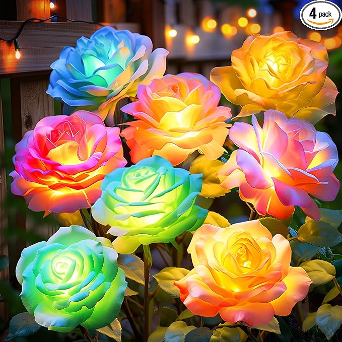 Solar Rose Lights Outdoor: 4 Pack IP65 Waterproof 7-Color Changing LED Flower Stakes for Garden Pathway Patio Lawn Decorative - Auto On Off 10H+ Lighting
