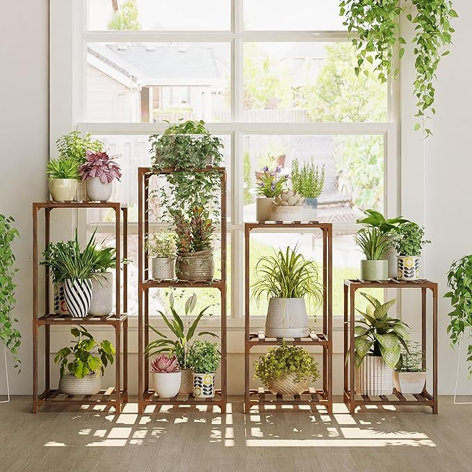 Bamworld Plant Stands Indoor 4 Sets Plant Shelves Outdoor Wooden Plant Holder for Multiple Plants Flower Stands Window