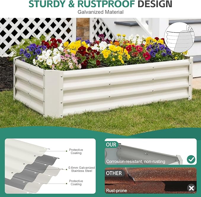 Galvanized Raised Garden Bed - 4x2x1ft Metal Garden Planter Box Outdoor | Steel Raised Bed Kit with Bracing Rods, Gloves for Gardening Vegetables Fruits and Flowers (White)