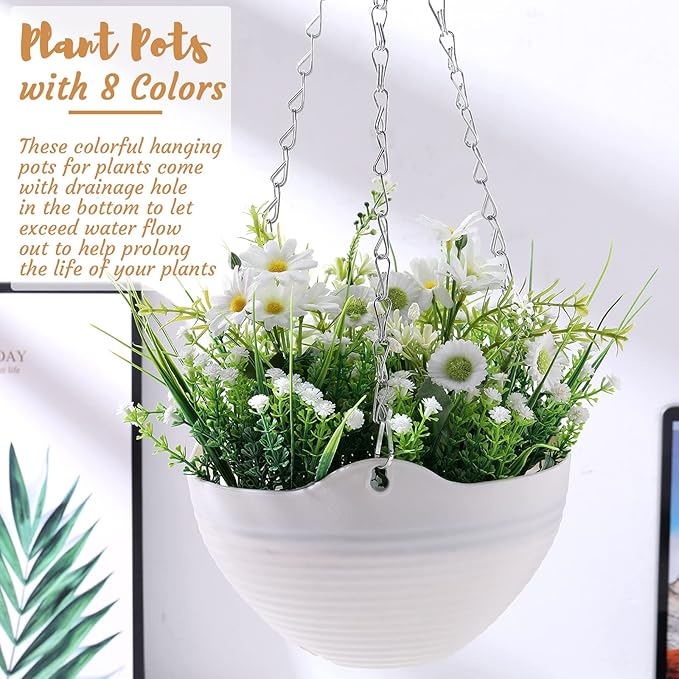 Zopeal 16 Pack Self Watering Hanging Planters 8 Inch Garden Flower Plant Pot Container with Drainer and Chain Round Hanging Pot Plant Basket for Indoor Outdoor Plants (White)