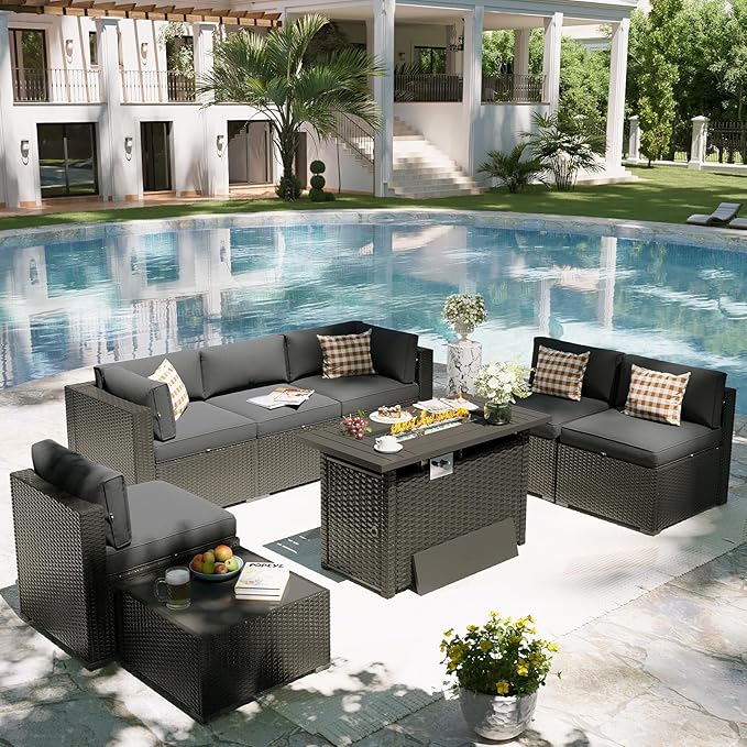Aoxun Patio Furniture Set with Fire Pit Table, 8 Piece Outdoor Sectional Sofas, Wicker Rattan Outdoor Furniture with Thickened Cushion for Backyard, Garden Dark Grey