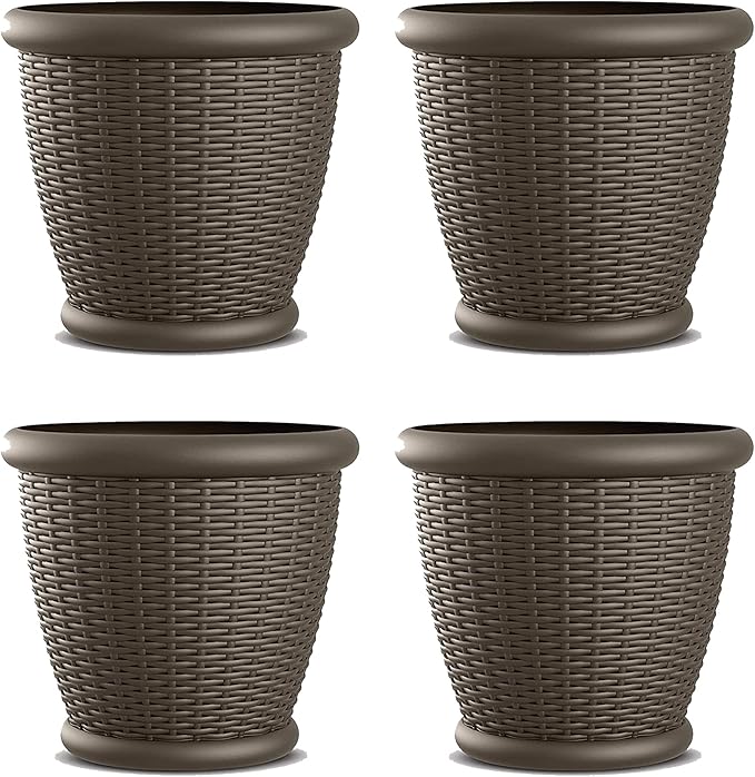 Suncast 4 Pack Wicker Planter w/ Drillable Drain Holes, Decorative Indoor/Outdoor Pot, 18in, Java
