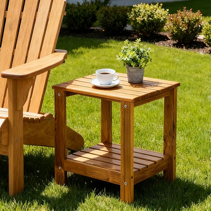 Utoplike Teak Side Table Outdoor, Patio End Table Double Layer, Wooden Coffee Accent Tables for Backyard, Garden, Bed, Living Room, Couch, Two-Tier