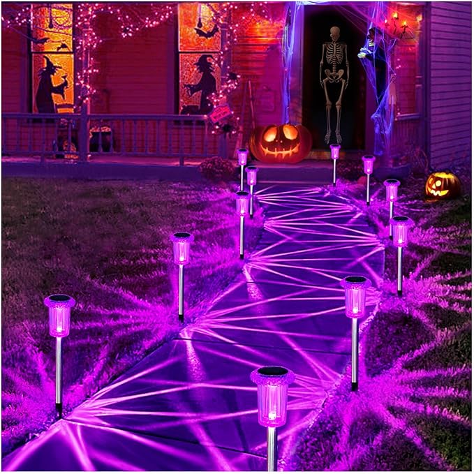 Halloween Solar Lights Outdoor 15 Pack Solar Pathway Lights Outdoor Halloween Decorations Waterproof Yard Lighting for Driveway Garden Walkway Path Landscape Lawn (Purple)