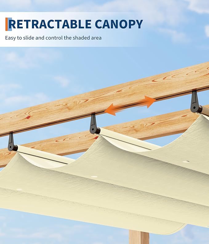 GarveeLife 10 x 13 ft Wood-Grain Aluminum Pergola Outdoor Pergola with Retractable Canopy Sun Shade Shelter for Garden Patio Backyard Deck - Beige