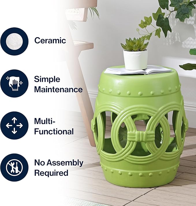 JONATHAN Y TBL1022H Lucky Coins 16" Chinese Ceramic Drum Indoor/Outdoor Garden Stool Bohemian, Coastal, Cottage, French Country, Traditional, for Living Room, Garden Room, Patio, Matte Green