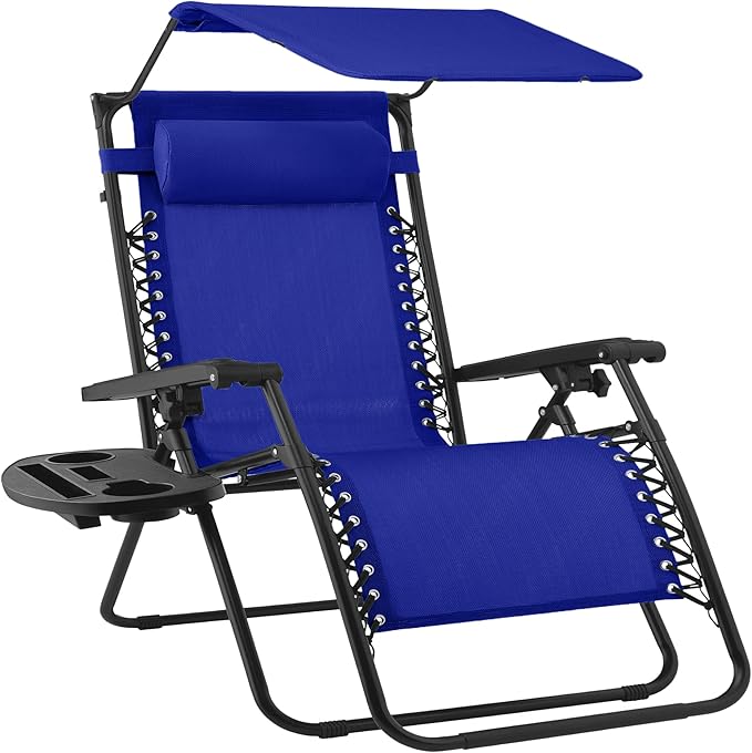 Best Choice Products 30” Wide Folding Zero Gravity Outdoor Recliner Patio Lounge Chair w/Adjustable Canopy Shade, Headrest, Side Accessory Tray - Cobalt Blue