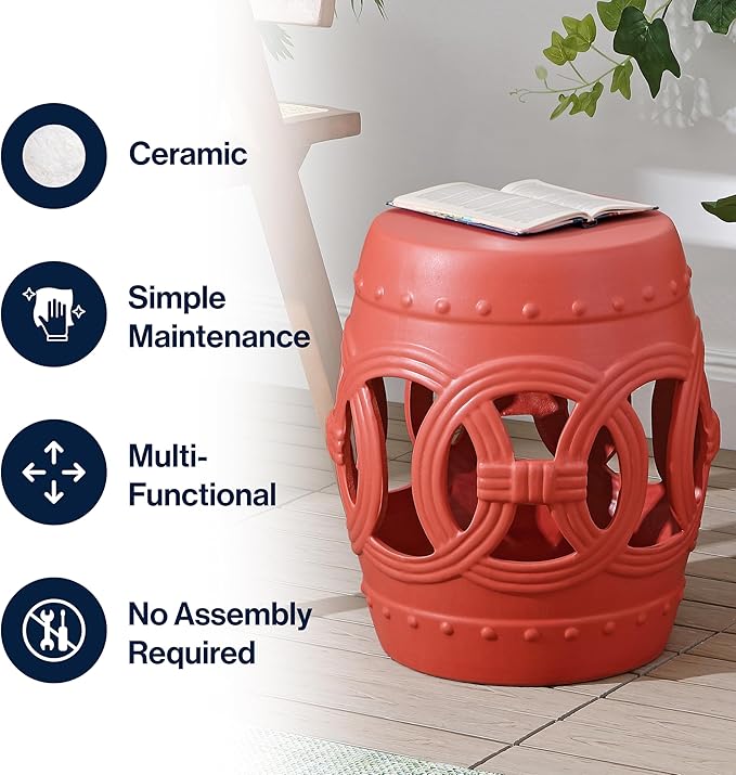 JONATHAN Y TBL1022G Lucky Coins 16" Chinese Ceramic Drum Indoor/Outdoor Garden Stool Bohemian, Coastal, Cottage, French Country, Traditional, for Living Room, Garden Room, Patio, Matte Coral