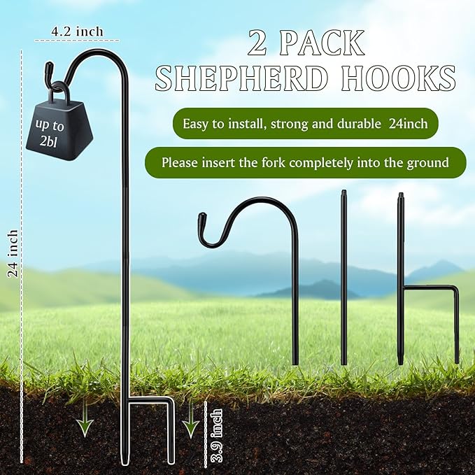 2 Pcs 24 Inch Shepherds Hook for Outdoor Adjustable Bird Feeder Pole Metal Steel Shepard Hooks for Hummingbird Stand Feeder Pole for Garden Plant, Lantern, Hanging Wedding Decor