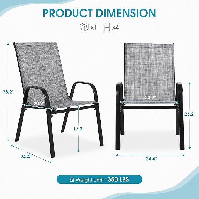 Outdoor Stackable Chairs Set of 8, Stacking Patio Chairs with Textilene Fabric, Outside Furniture for Garden Backyard Balconie Poolside Deck, Grey