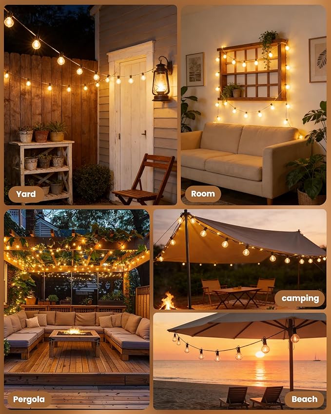 Brightown Outdoor String Lights 29 Feet G40 LED Patio Lights, Plug-in, 13 Plastic Edison Bulbs(1 Spare), Waterproof Connectable Hanging Light for Backyard Porch Balcony Party Decor, E12 Base, Black