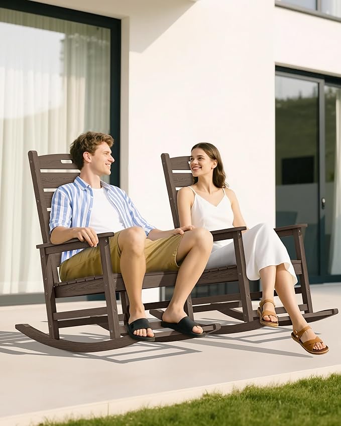 SERWALL Outdoor Rocking Chair Set of 2, Oversized Rocking Chair with Footboard for Adults, HDPE All Weather Resistant Rocking Chairs for Patio, 350lbs Weight Capacity,Coffee