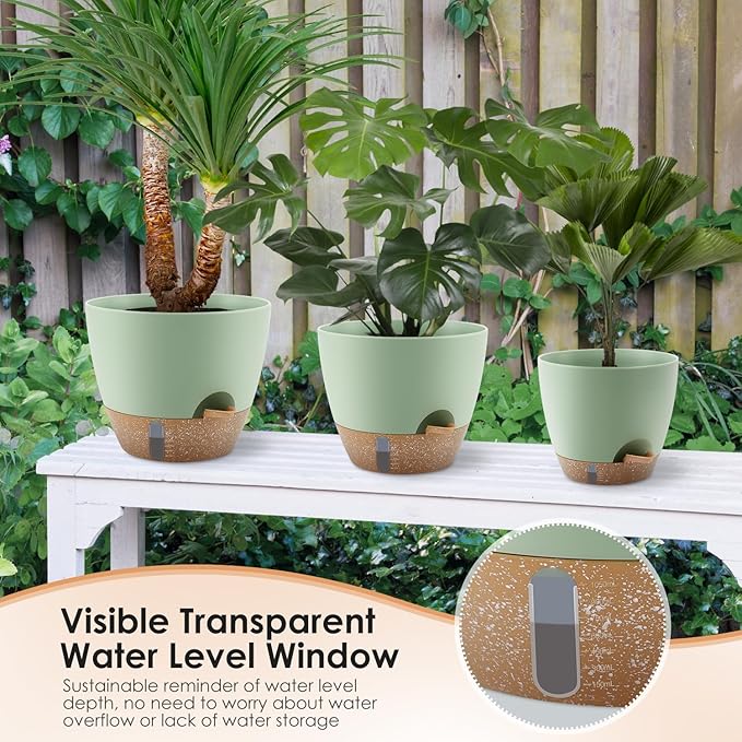 Self-Watering Plant Pots with Water Level Indicator, Drainage Holes & Saucers – 12/10/9 Inch Large Plastic Planter Set for Indoor & Outdoor Plants (Green)
