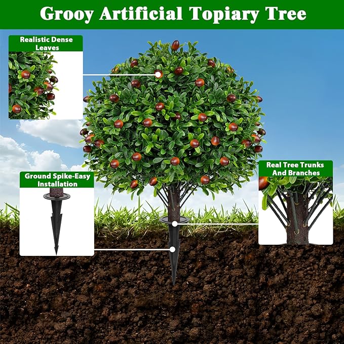 2 Pack Artificial Olive Topiary Tree, Artificial Shrub Bushes with Ground Spike, Fake Evergreen Tree for Porch, Artificial Plants for Outdoor Planters Indoor UV Resistant