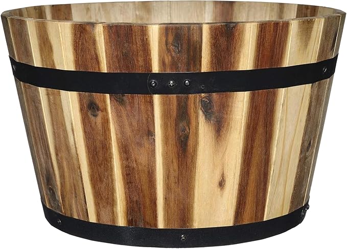 Classic Home and Garden Outdoor Whiskey Resin Flower Pot Barrel Planter, Oak Brown, 20.5" (Pack of 2)