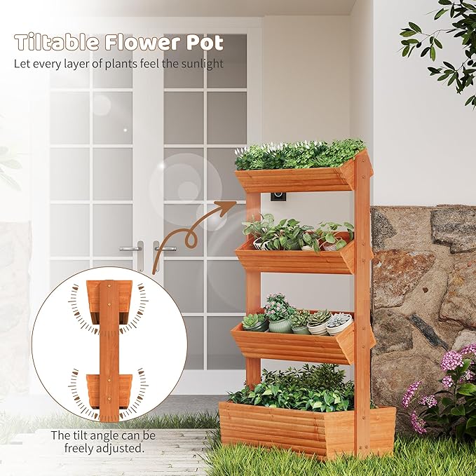 FILWH Wooden Raised Garden Bed Vertical Planter Box, Freestanding Plant Stand for Indoor Outdoor Plants, Herbs, Flowers, Vegetables, Gardening (Reddish Brown, 4-Tier，29.9 x 17.9 x 55in)