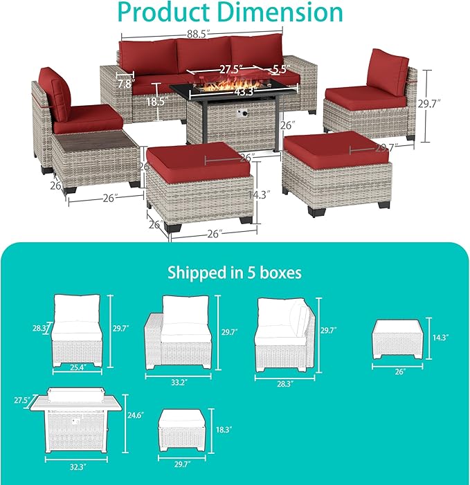 9-Piece Outdoor Patio Furniture Set with 55,000 BTU Fire Pit Table, PE Wicker Rattan Sectional Sofa Patio Conversation Set with Ottomans & Coffee Table, Red