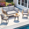DWVO Patio Furniture Set 4 Pieces Boho Wicker Bistro Set, All Weather Outdoor Rattan Conversation Set with Loveseat Chairs Table Soft Cushions for Backyard, Pool, Garden - Grey