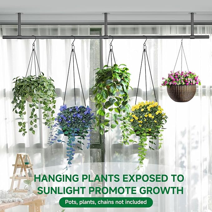 Hanging Planters Rod – Plant Hanger Indoor for Window Ceiling, Hanging Plant Shelf for Wall Planter House Plants, Plant Shelves Metal Holder Bar 63In (Pots, plants, chains not included)