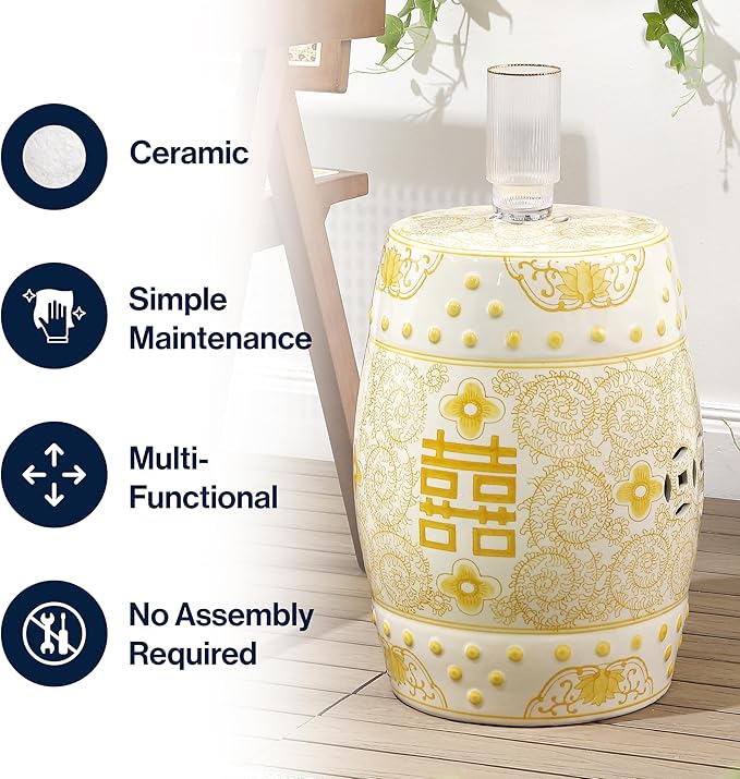 JONATHAN Y TBL1013B Double Happiness 18" Chinoiserie Ceramic Drum Indoor/Outdoor Garden Stool Bohemian, Coastal, Classic, Cottage,Traditional, Patio, Garden, Bathroom, Living Room, Yellow/White