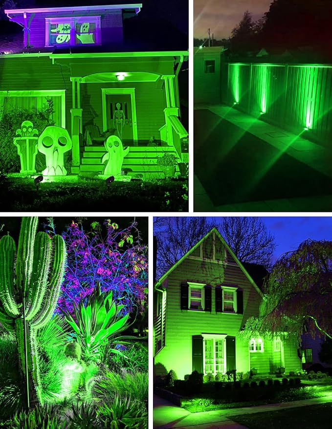 Green LED Spot Lights Outdoor, 14 LED Landscape Lighting with US Plug, IP65 Waterproof Spotlights for Tree Yard Garden Pathway Flag St. Patrick's Day Halloween Christmas Decor 2 Pack