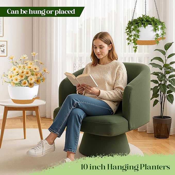 2 Pack 10 Inch Self Watering Hanging Planters for Indoor Plants, Large White Brown Plastic Hanging Pots with Chains for Outdoor Patio Garden Home Decor (White Brown)