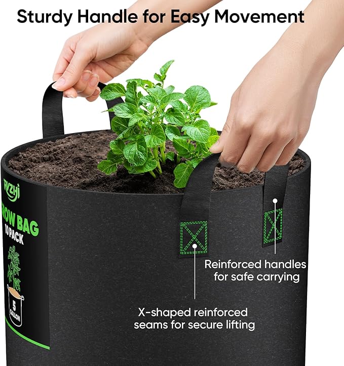 15 Gallon 10-Pack Plant Grow Bags: 350G Thickened Nonwoven Potato Grow Bags with Handles, Black Fabric Flowers Pots Felt Garden Bags, Gardening Supplies for Growing Vegetable Fruit Tomato Herbs