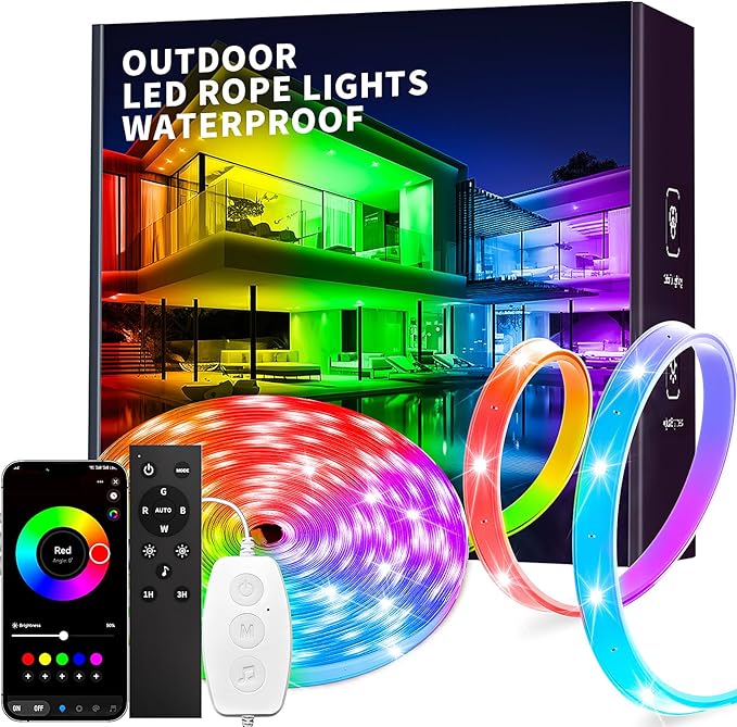 KSIPZE Outdoor led Strip Lights Waterproof IP68, RGB Outdoor led Lights with Button & Bluetooth App Control, Music Sync, Timer, Exterior Led Rope Lights for Decor Balcony, Roof, Garden, Pool