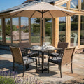 5-Piece Patio Dining Set for 4, Outdoor Dining Set with 4 Wicker Patio Dining Chairs with Cushions & 1 Black Square Woodgrain Dining Table with 1.75" Market Umbrella Hole, Black & Brown