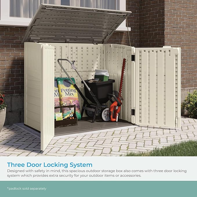 Suncast 34 Cu Ft Horizontal Resin Plastic Storage Shed - Outdoor Storage Shed with Floor Included, Lockable, Weatherproof, Fits Small to Medium Trash Cans, Generators, & Garden Tools, Vanilla Stoney