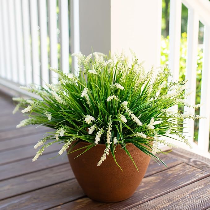 Artificial Fake Outdoor Plants Flowers for Summer Decoration,10 Bundles Faux Plastic Tall Monkey Grass Greenery UV Resistant Realistic for Home Outside Planter Window Porch Patio Garden-White