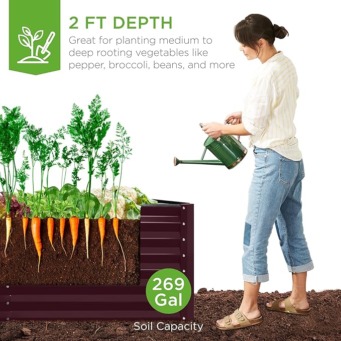 Best Choice Products 6x3x2ft Outdoor Metal Raised Garden Bed, Deep Root Box Planter for Vegetables, Flowers, Herbs, 269 Gallon Capacity, 100% Non Toxic Materials - Burgundy