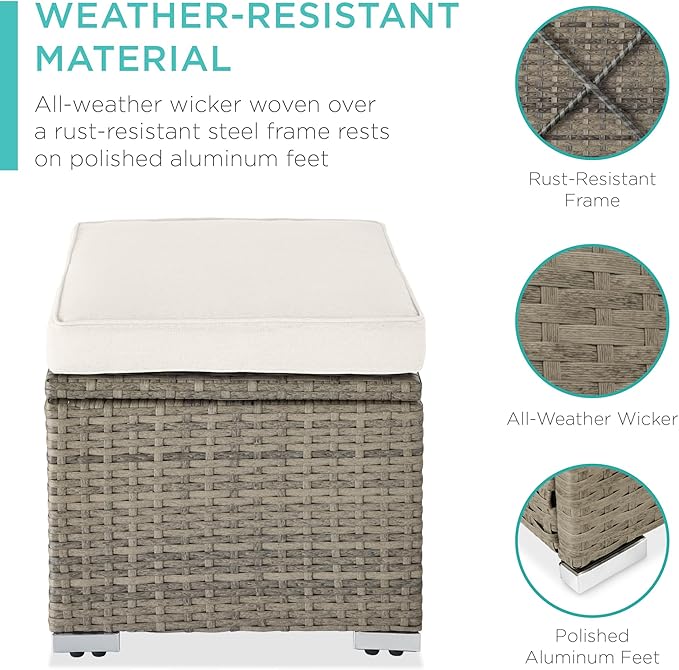 Best Choice Products Set of 2 Wicker Ottomans, Multipurpose Outdoor Furniture for Patio, Backyard, Additional Seating, Footrest, Side Table w/Storage, Removable Cushions - White Sand/Taupe