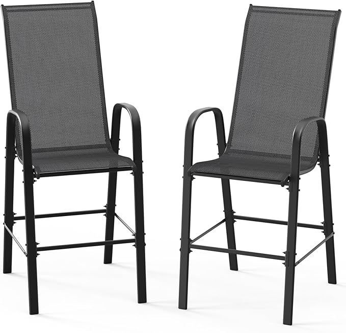 VINGLI Set of 2 Stackable Outdoor Bar Stools – Sling Chairs with High Back & Armrests, for Lawn, Garden, Bar, Black