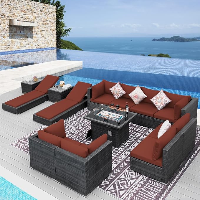 NICESOUL 13 Piece Large Outdoor Sectional with Fire Pit Table, 29.3'' High Back Patio Furniture with Fire Pit Table & Chaise Lounge, Big Deep 10-Seater for Garden, Grey Wicker & Burgundy Cushion
