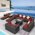 NICESOUL 13 Piece Large Outdoor Sectional with Fire Pit Table, 29.3'' High Back Patio Furniture with Fire Pit Table & Chaise Lounge, Big Deep 10-Seater for Garden, Grey Wicker & Burgundy Cushion