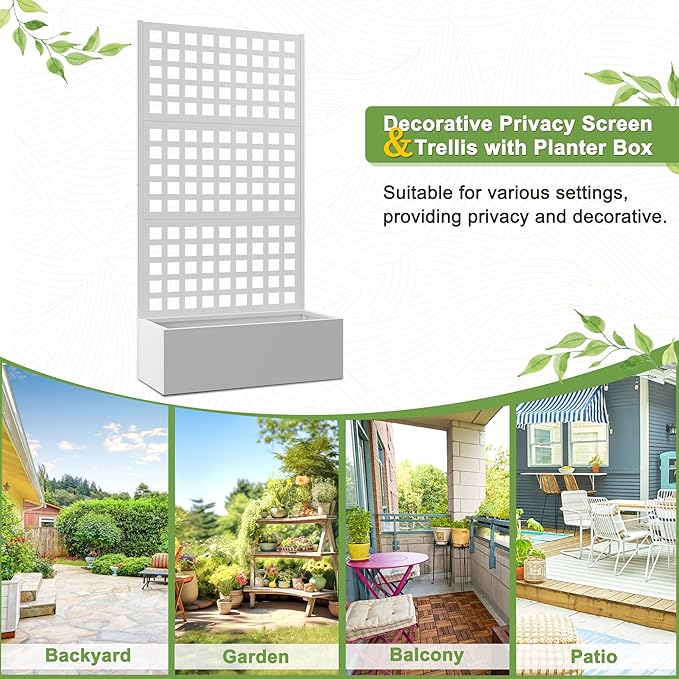 FENCY Metal Raised Garden Bed with Trellis, Planter Box with Trellis, Garden Box for Climbing Plants Vegetable, 35''Lx16''Wx71''H Metal Garden Bed with Drainage Holes(White)