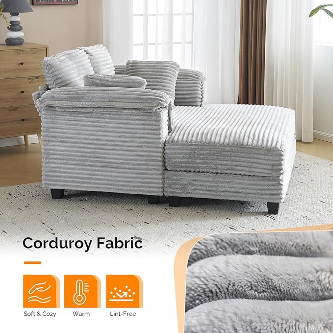 VINGLI 56" Oversized Chaise Lounge Chair, Light Grey Comfy Corduroy Chaise Sofa Recliner Bed Upholstered Sleeper Couch Bed with Throw Pillows and Armrests for Living Room, Movie Room, Bedroom