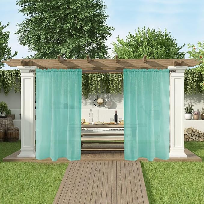SpaceDresser Waterproof Outdoor Sheer Curtains for Patio - 2 Panels Rod Pocket Indoor Voile Sheer Curtain for Living Room,100W x 96L inch, Turquoise