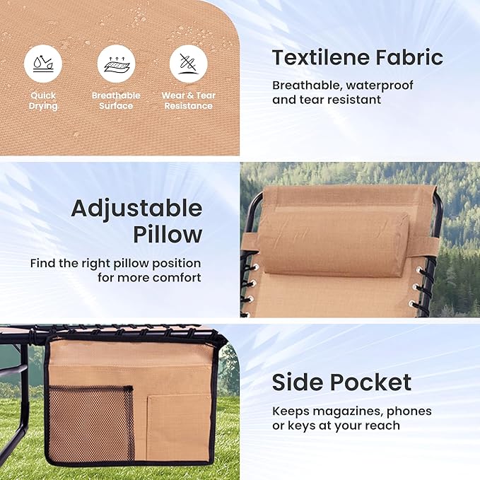 Folding Chaise Lounge Chair - 400lb Capacity, 5-Position Adjustable Recliner with Pillow | Portable for Patio, Pool, Camping & Sunbathing (Beige)