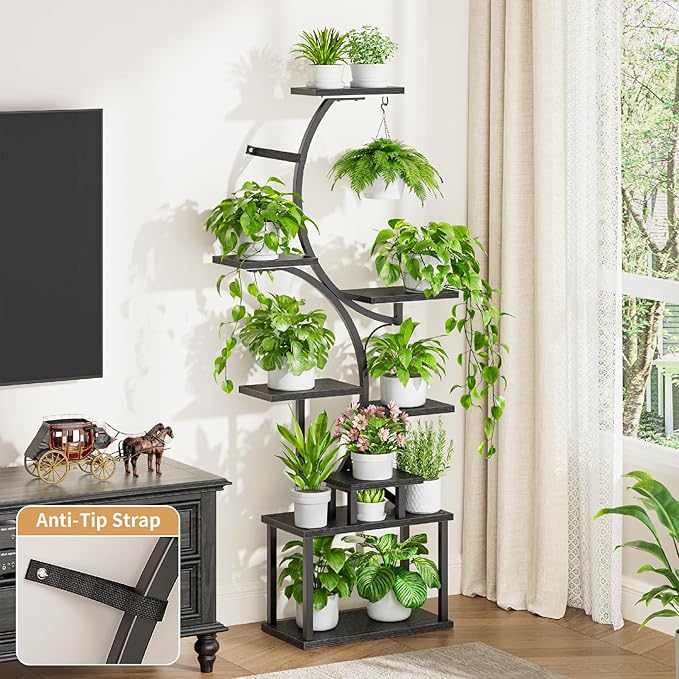 Plant Stand Indoor with Grow Lights - 62" Tall Plant Shelf, Lighted Corner Plant Stands for Indoor Growing, 8 Tiered Large Flower Holder, S-Shaped Plants Rack for Living Room, Patent Design, Black